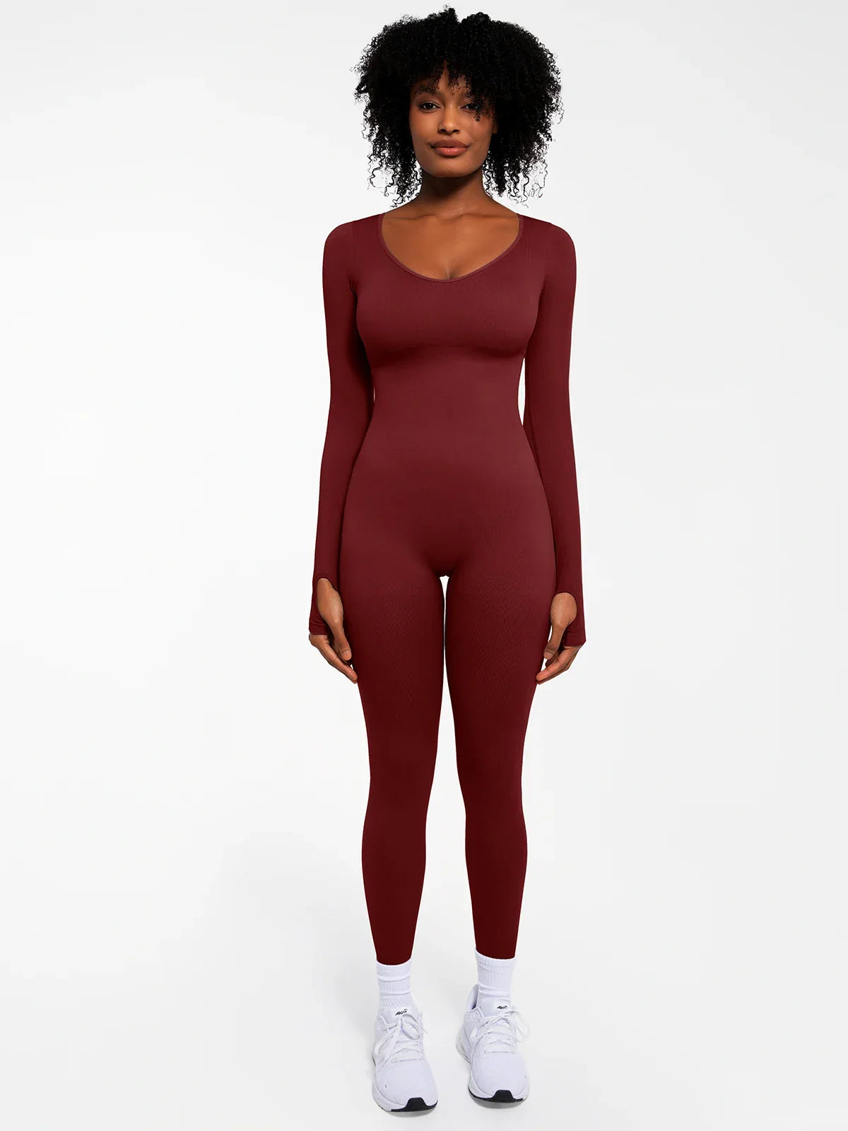 Popilush Ribbed U Neck Built-in Bra Tummy Control Jumpsuit