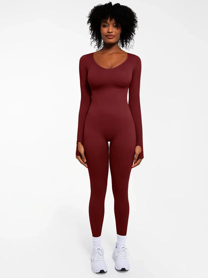 Popilush Ribbed U Neck Built-in Bra Tummy Control Jumpsuit
