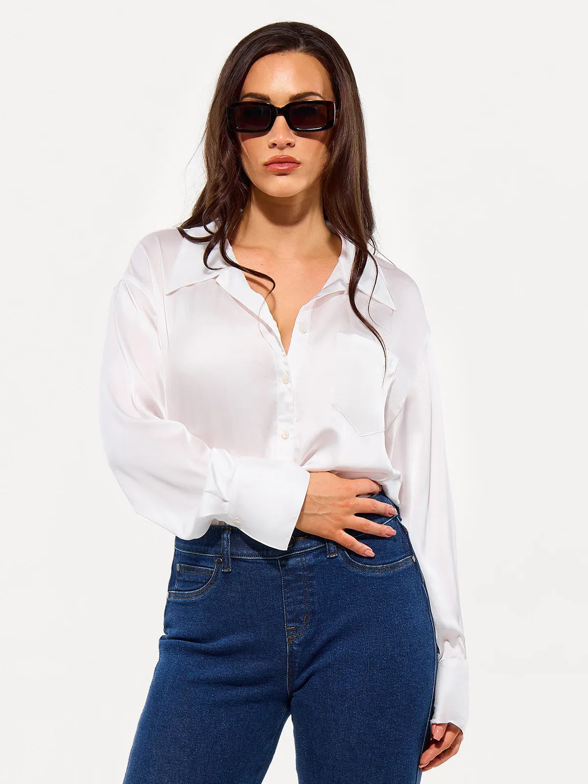 Poplin Long Sleeve Silky Shirt Tummy Control Bodysuit