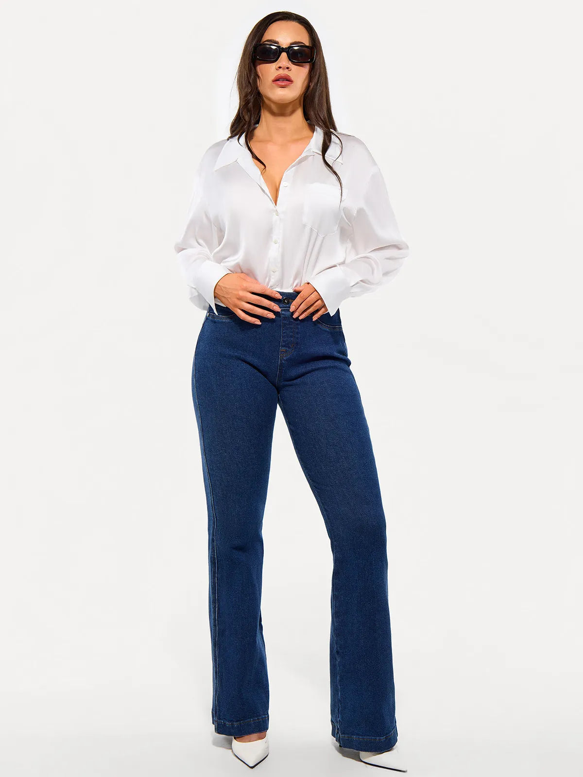 Poplin Long Sleeve Silky Shirt Tummy Control Bodysuit
