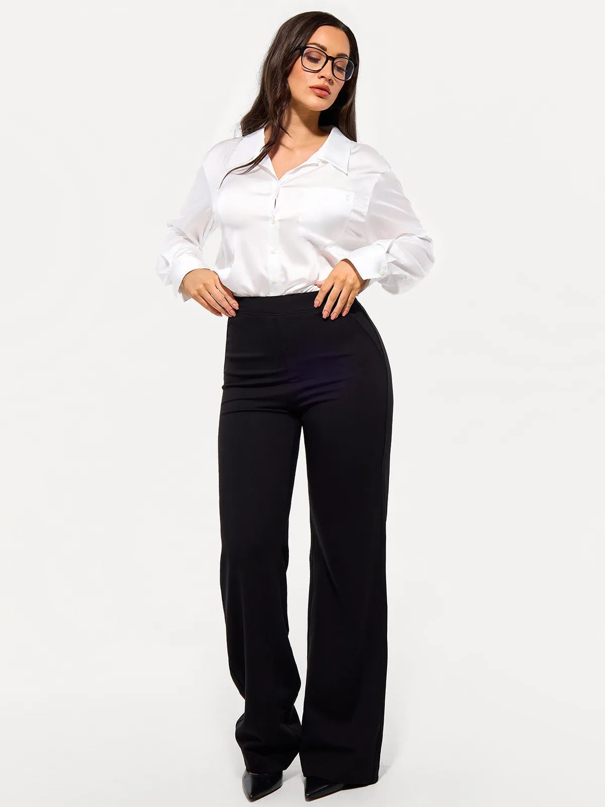 Poplin Long Sleeve Silky Shirt Tummy Control Bodysuit