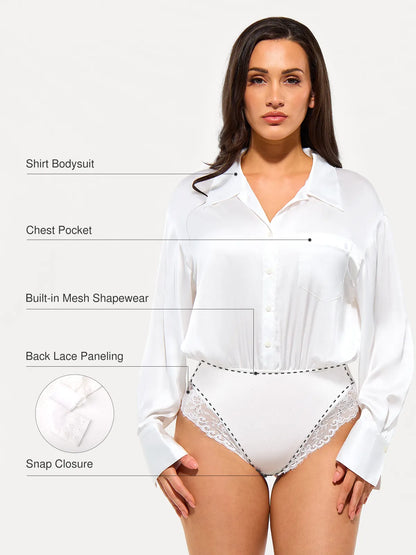 Poplin Long Sleeve Silky Shirt Tummy Control Bodysuit
