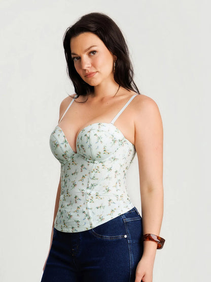 Sculpting Push-Up Lace Floral Boned Convertible Strap Corset Top