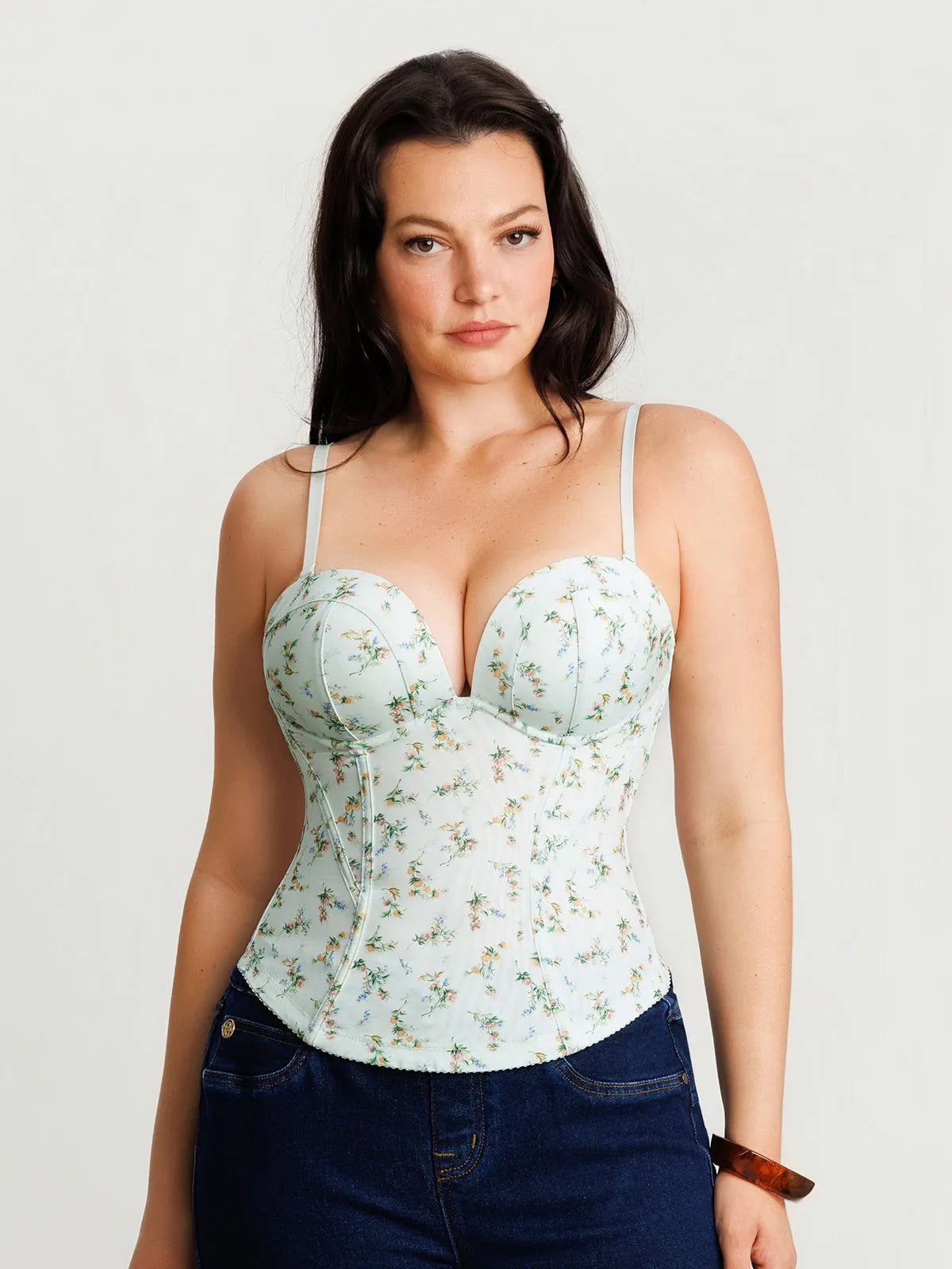 Sculpting Push-Up Lace Floral Boned Convertible Strap Corset Top