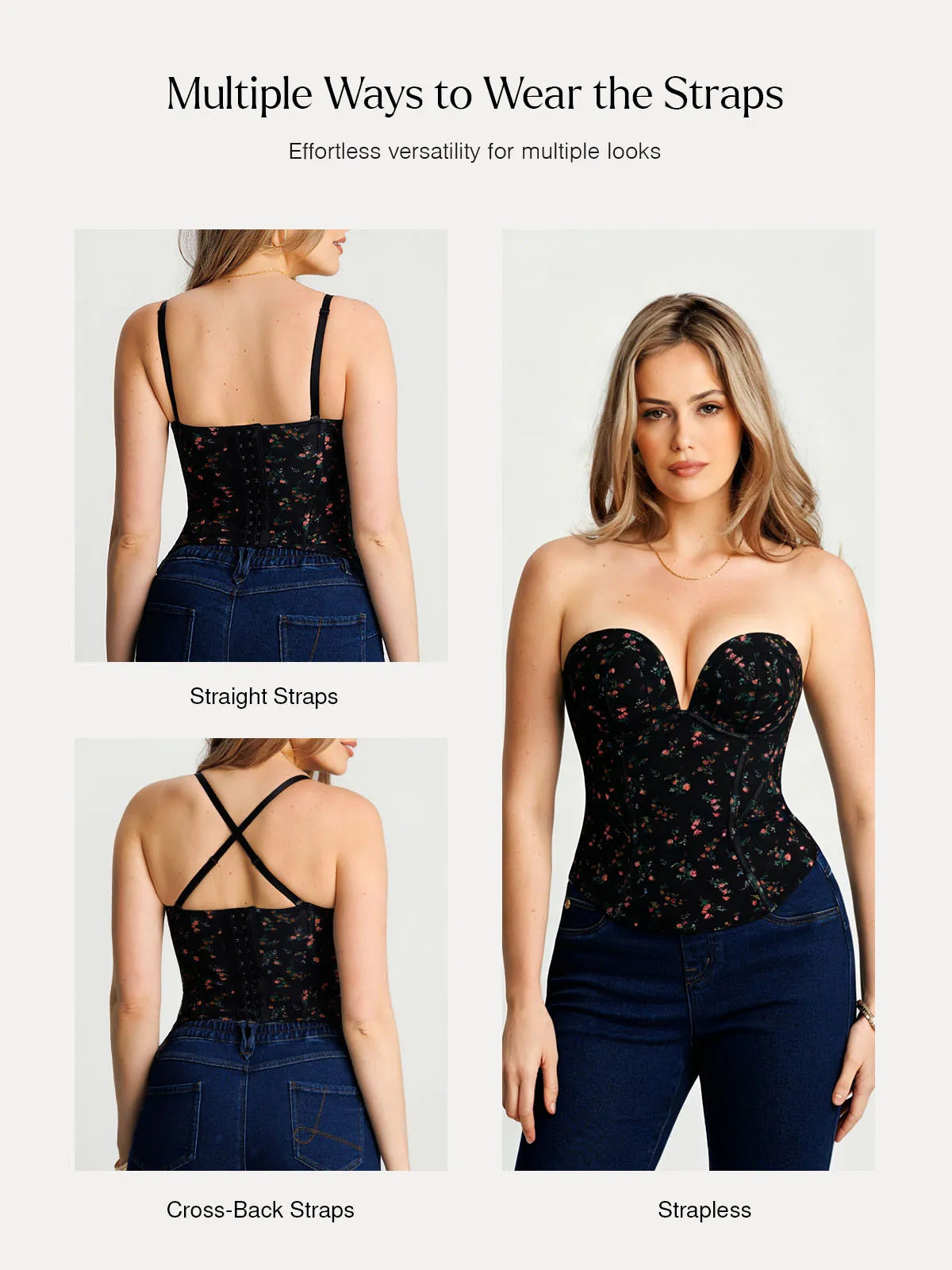 Sculpting Push-Up Lace Floral Boned Convertible Strap Corset Top