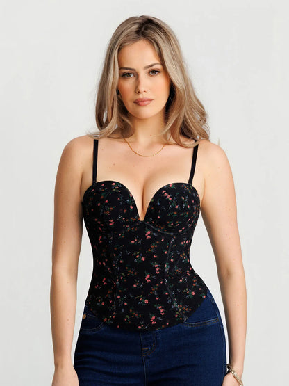 Sculpting Push-Up Lace Floral Boned Convertible Strap Corset Top
