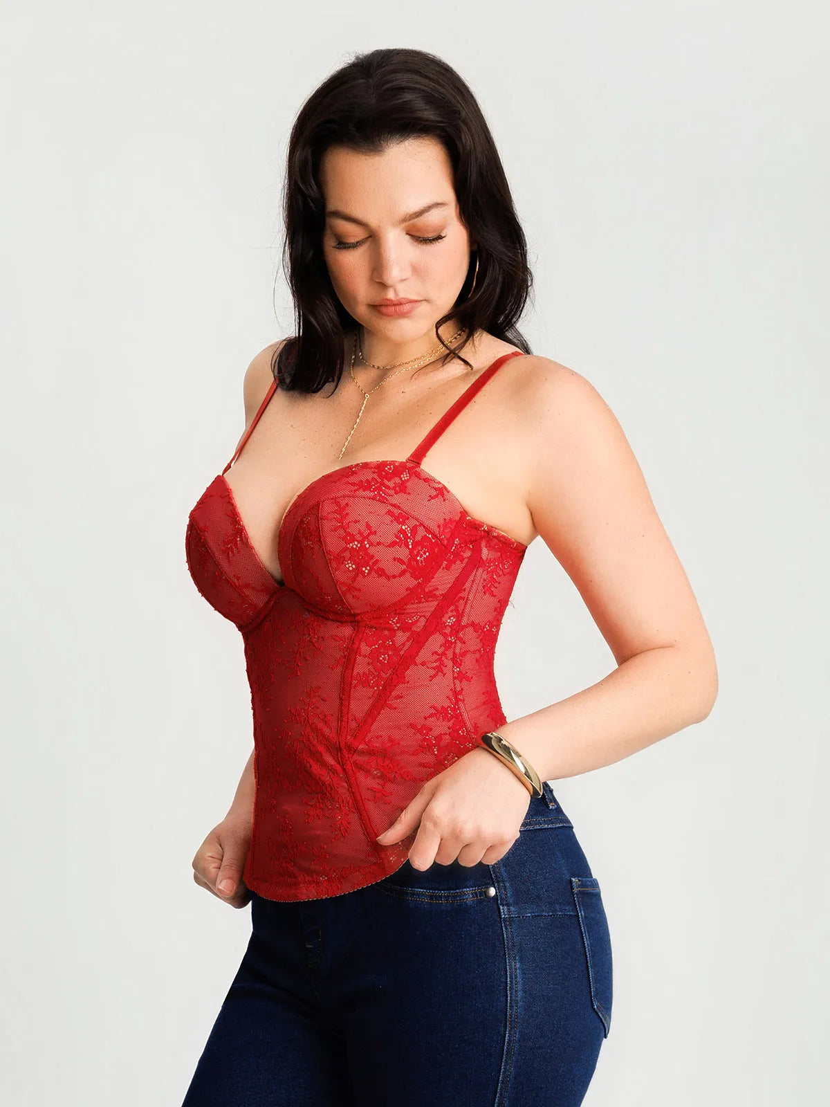 Sculpting Push-Up Lace Floral Boned Convertible Strap Corset Top