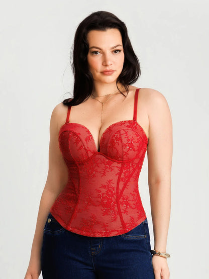 Sculpting Push-Up Lace Floral Boned Convertible Strap Corset Top