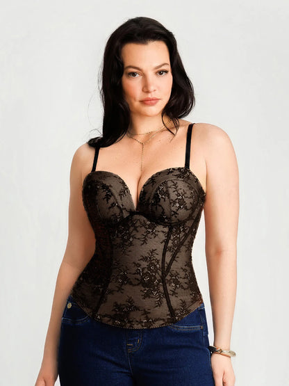 Sculpting Push-Up Lace Floral Boned Convertible Strap Corset Top
