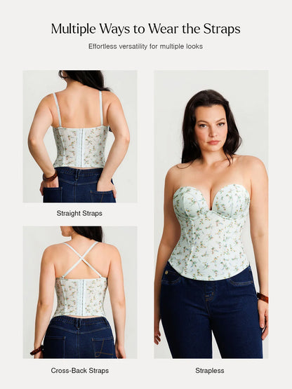 Sculpting Push-Up Lace Floral Boned Convertible Strap Corset Top