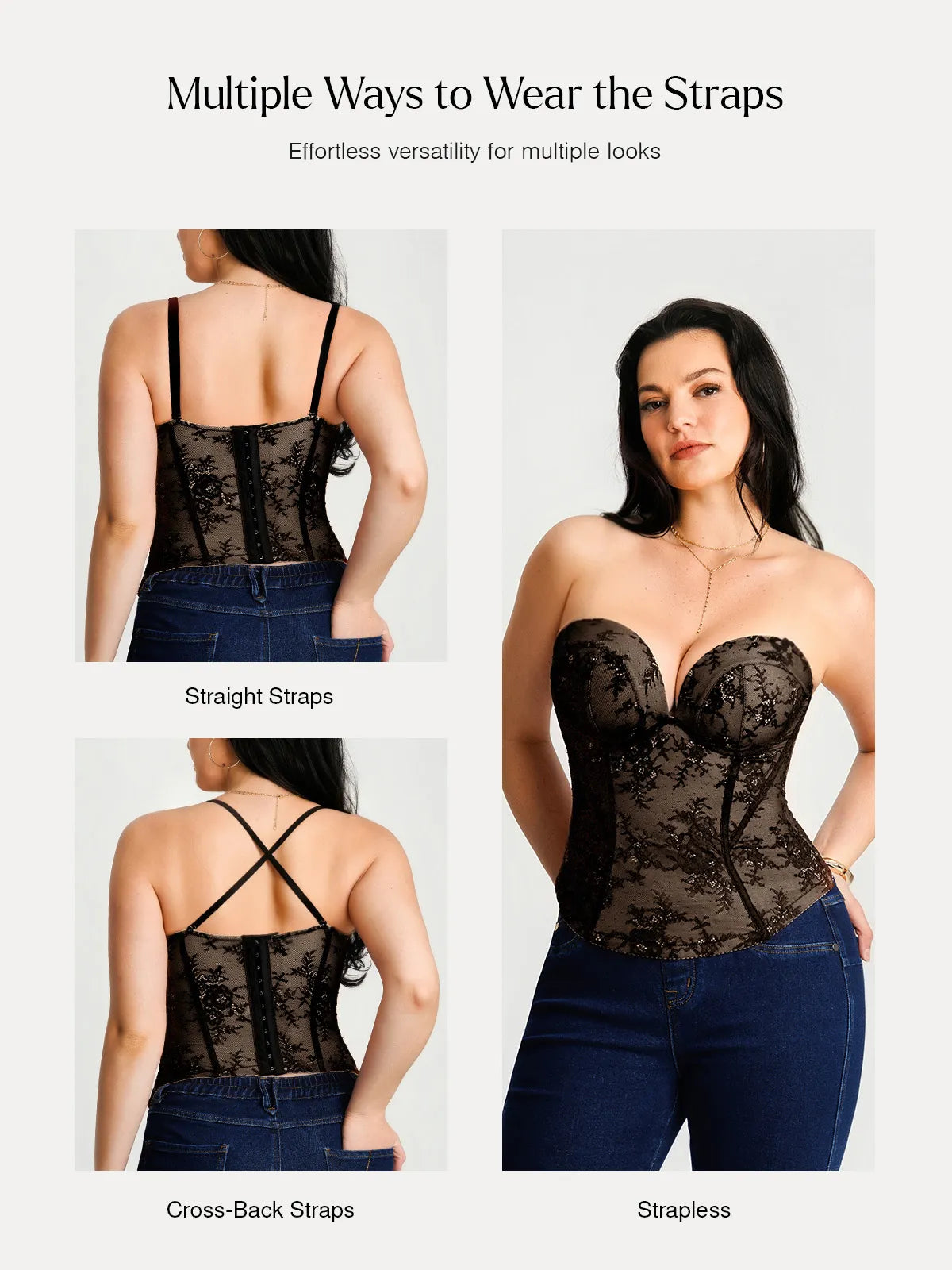 Sculpting Push-Up Lace Floral Boned Convertible Strap Corset Top