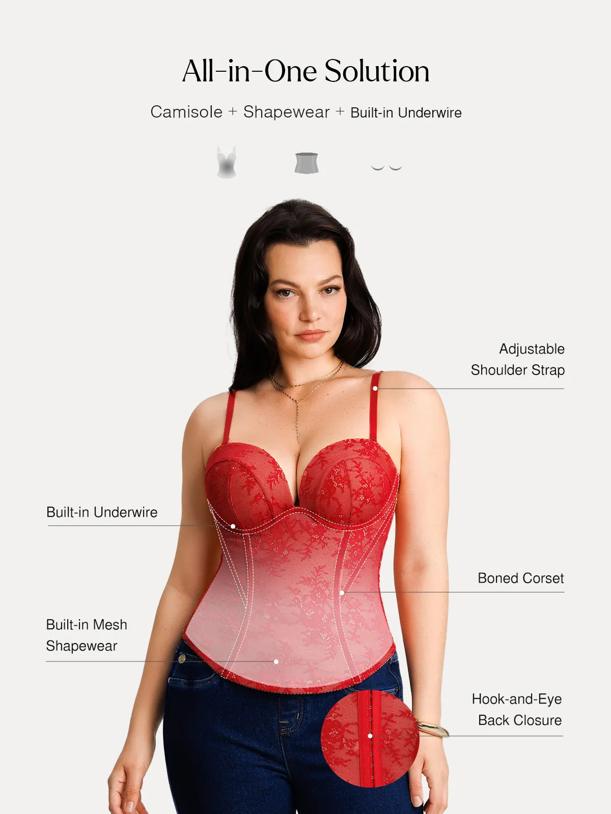 Sculpting Push-Up Lace Floral Boned Convertible Strap Corset Top