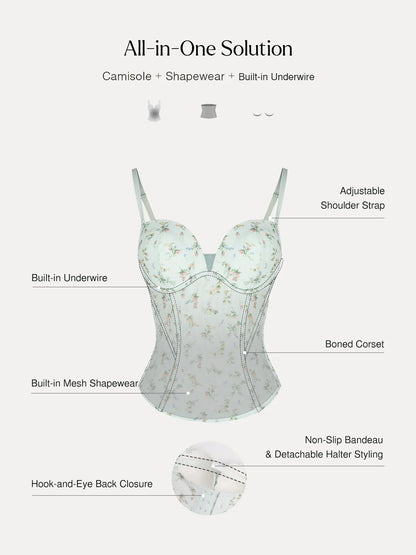 Sculpting Push-Up Lace Floral Boned Convertible Strap Corset Top