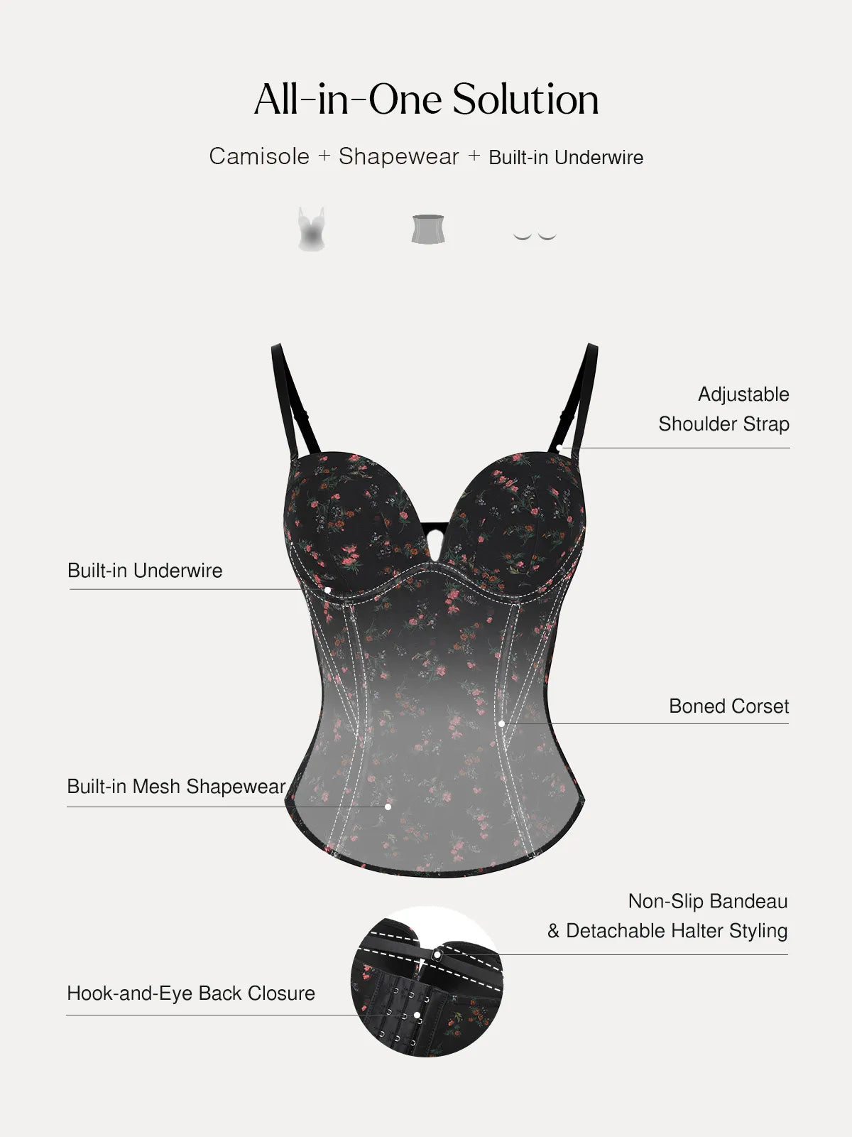 Sculpting Push-Up Lace Floral Boned Convertible Strap Corset Top