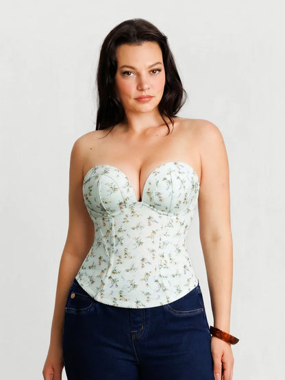 Sculpting Push-Up Lace Floral Boned Convertible Strap Corset Top
