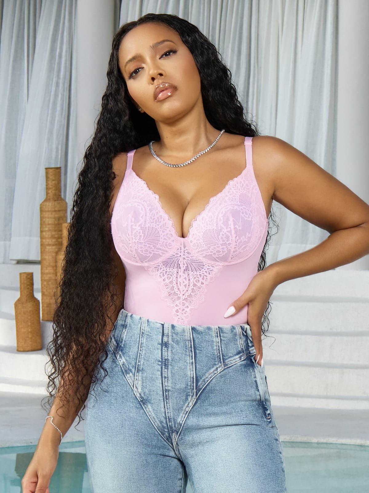 Seamless Lace V-Neck Shapewear Bodysuit