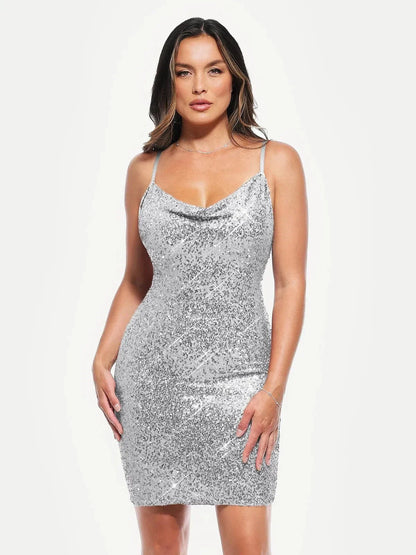 Sequin Cowl Neck Sculpting Mini Dress