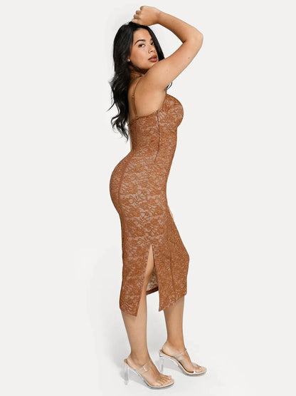 Shapewear All-Lace Side Slit Hourglass Corset Midi Dress