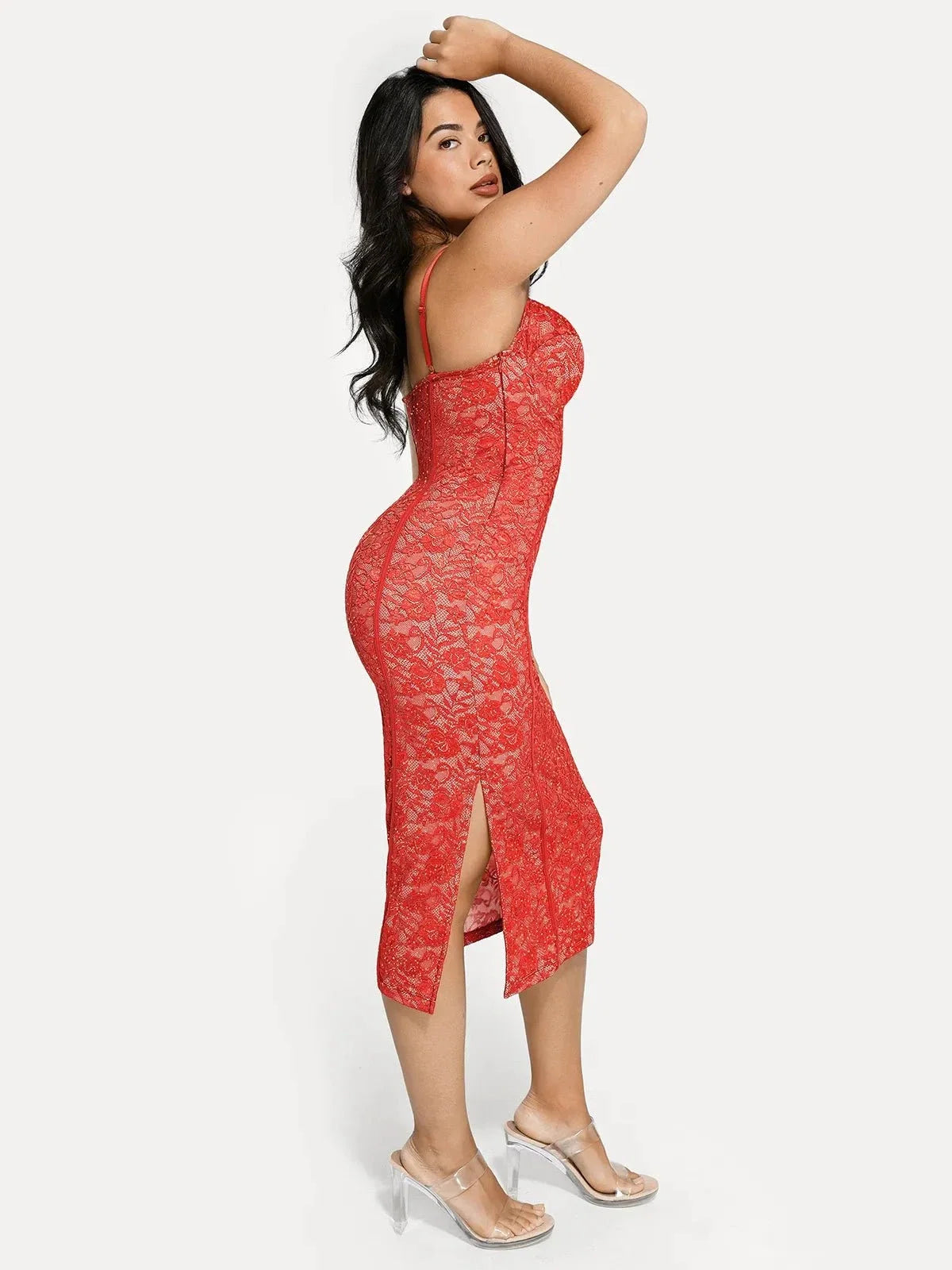 Shapewear All-Lace Side Slit Hourglass Corset Midi Dress