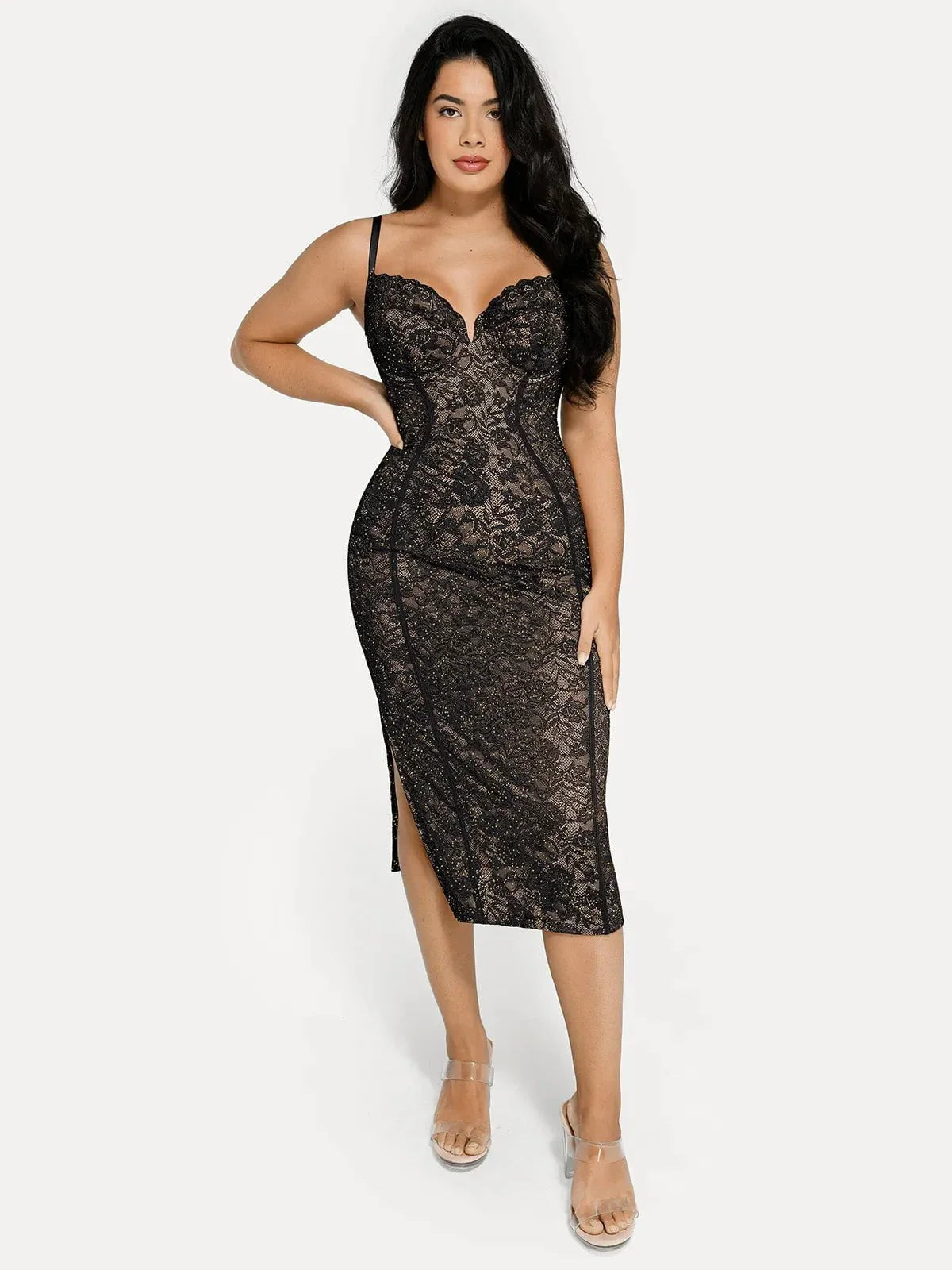 Shapewear All-Lace Side Slit Hourglass Corset Midi Dress