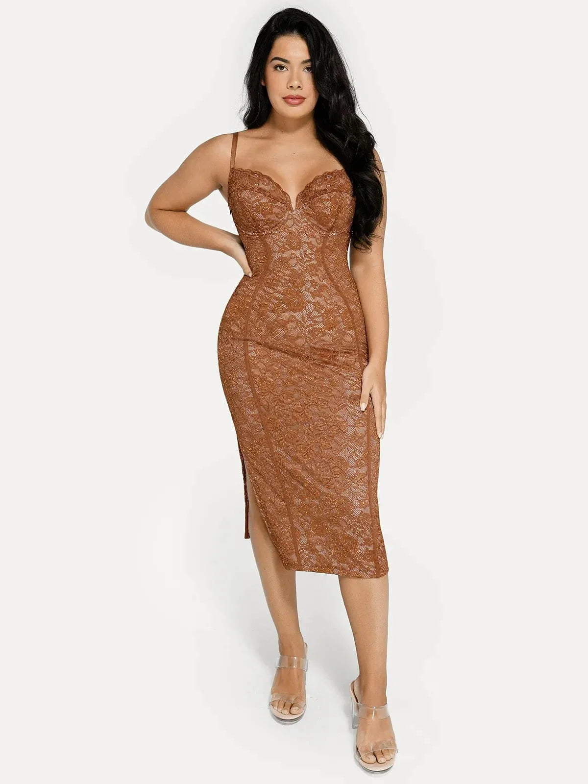 Shapewear All-Lace Side Slit Hourglass Corset Midi Dress