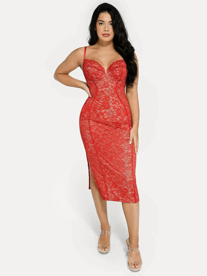 Shapewear All-Lace Side Slit Hourglass Corset Midi Dress