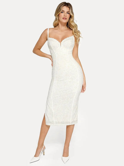 Shapewear All-Lace Side Slit Hourglass Corset Midi Dress