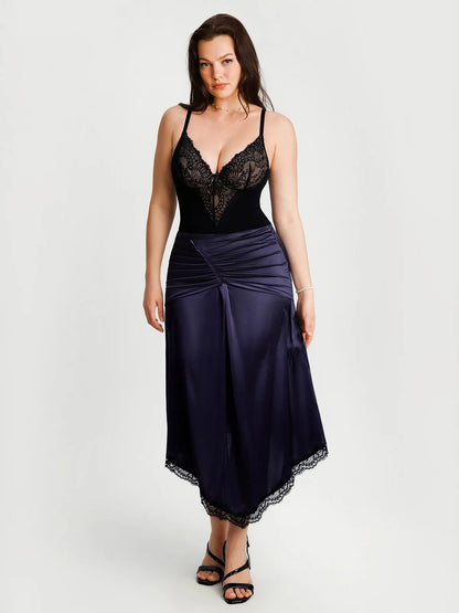 Shapewear Asymmetric Ruched Lace Midi Skirt