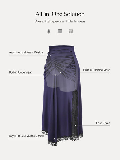Shapewear Asymmetric Ruched Lace Midi Skirt