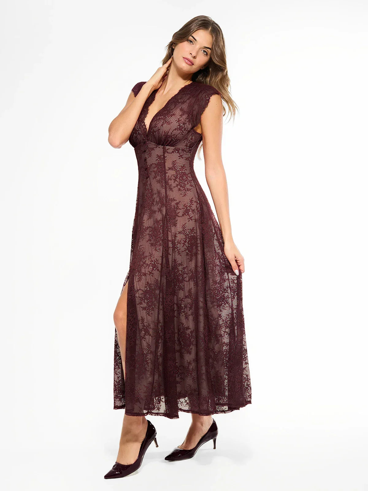 Shapewear Boho Floral Lace Front Slit Maxi Dress