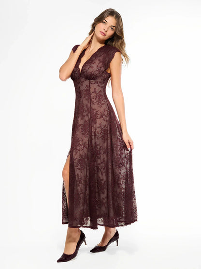 Shapewear Boho Floral Lace Front Slit Maxi Dress