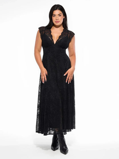 Shapewear Boho Floral Lace Front Slit Maxi Dress