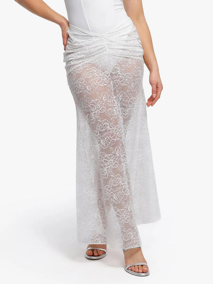 Shapewear Cap Sleeve Bodysuit Lace Fishtail Coverup Skirt Set