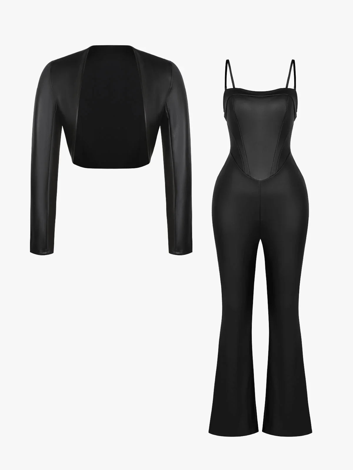 Shapewear Faux Leather Corset Jumpsuit Set
