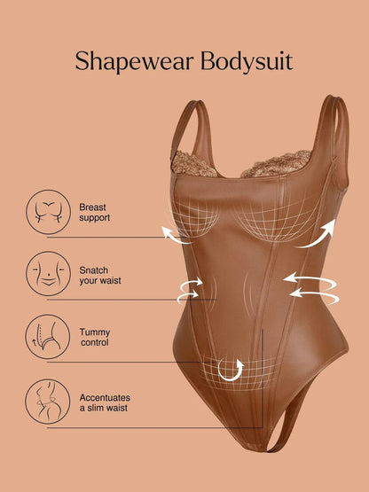 Shapewear Faux Leather Lace Balconette Tummy Control Bodysuit