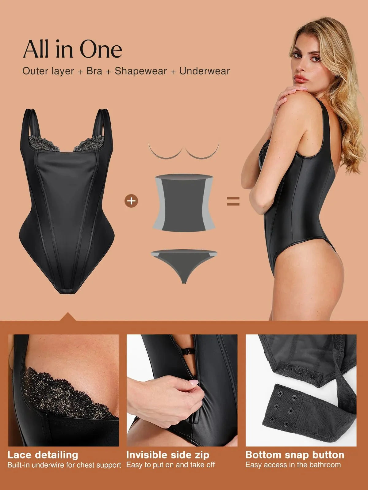 Shapewear Faux Leather Lace Balconette Tummy Control Bodysuit