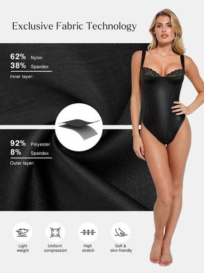 Shapewear Faux Leather Lace Balconette Tummy Control Bodysuit