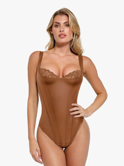 Shapewear Faux Leather Lace Balconette Tummy Control Bodysuit