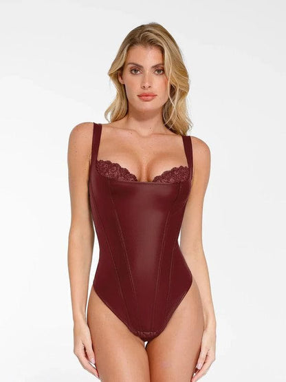 Shapewear Faux Leather Lace Balconette Sculpting Bodysuit