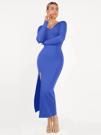 Shapewear V-Neck Long Sleeve Low Back Slimming Maxi Dress