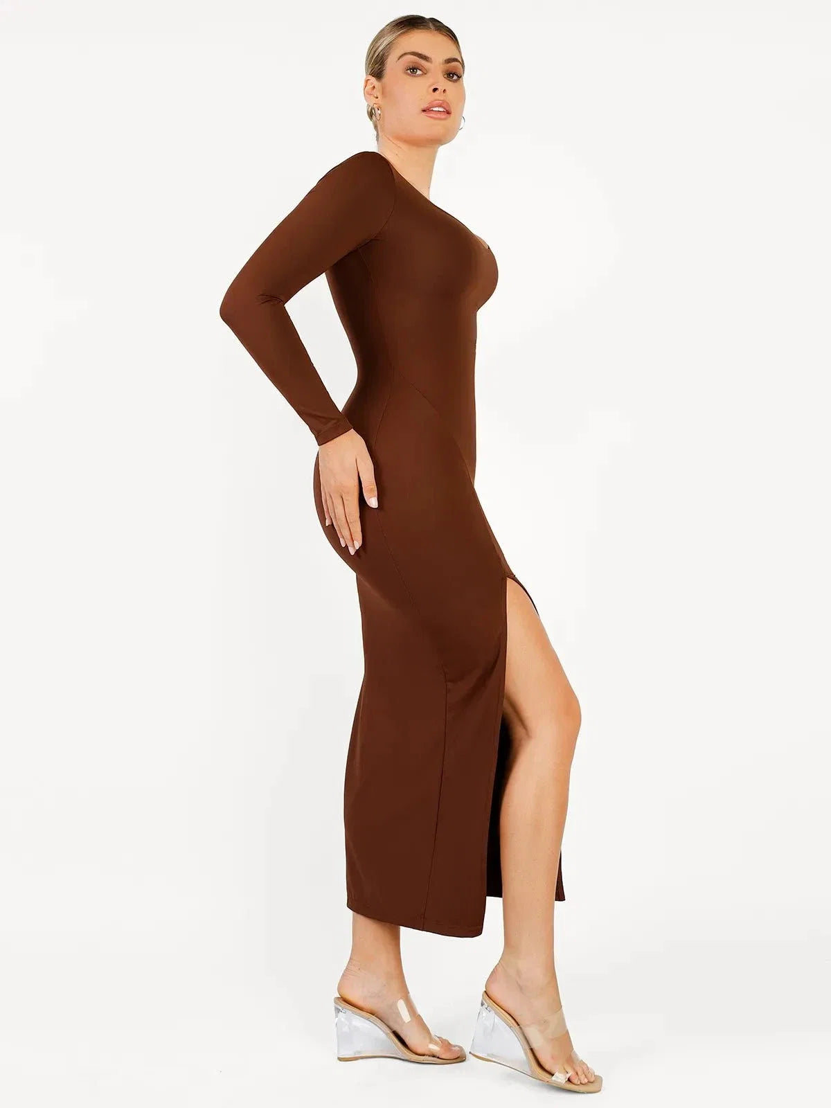 Shapewear V-Neck Long Sleeve Low Back Slimming Maxi Dress