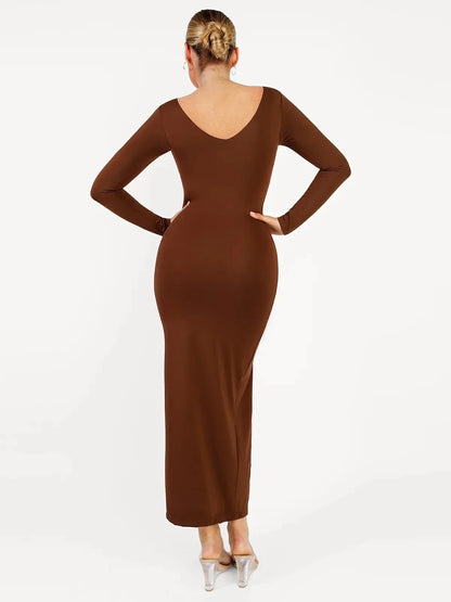 Shapewear V-Neck Long Sleeve Low Back Slimming Maxi Dress