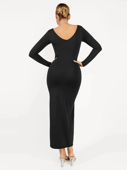 Shapewear V-Neck Long Sleeve Low Back Slimming Maxi Dress