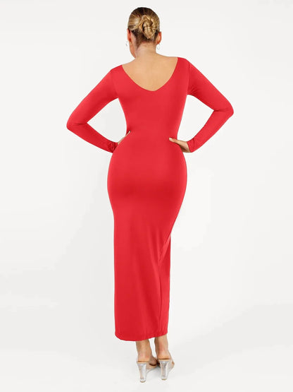 Shapewear V-Neck Long Sleeve Low Back Slimming Maxi Dress