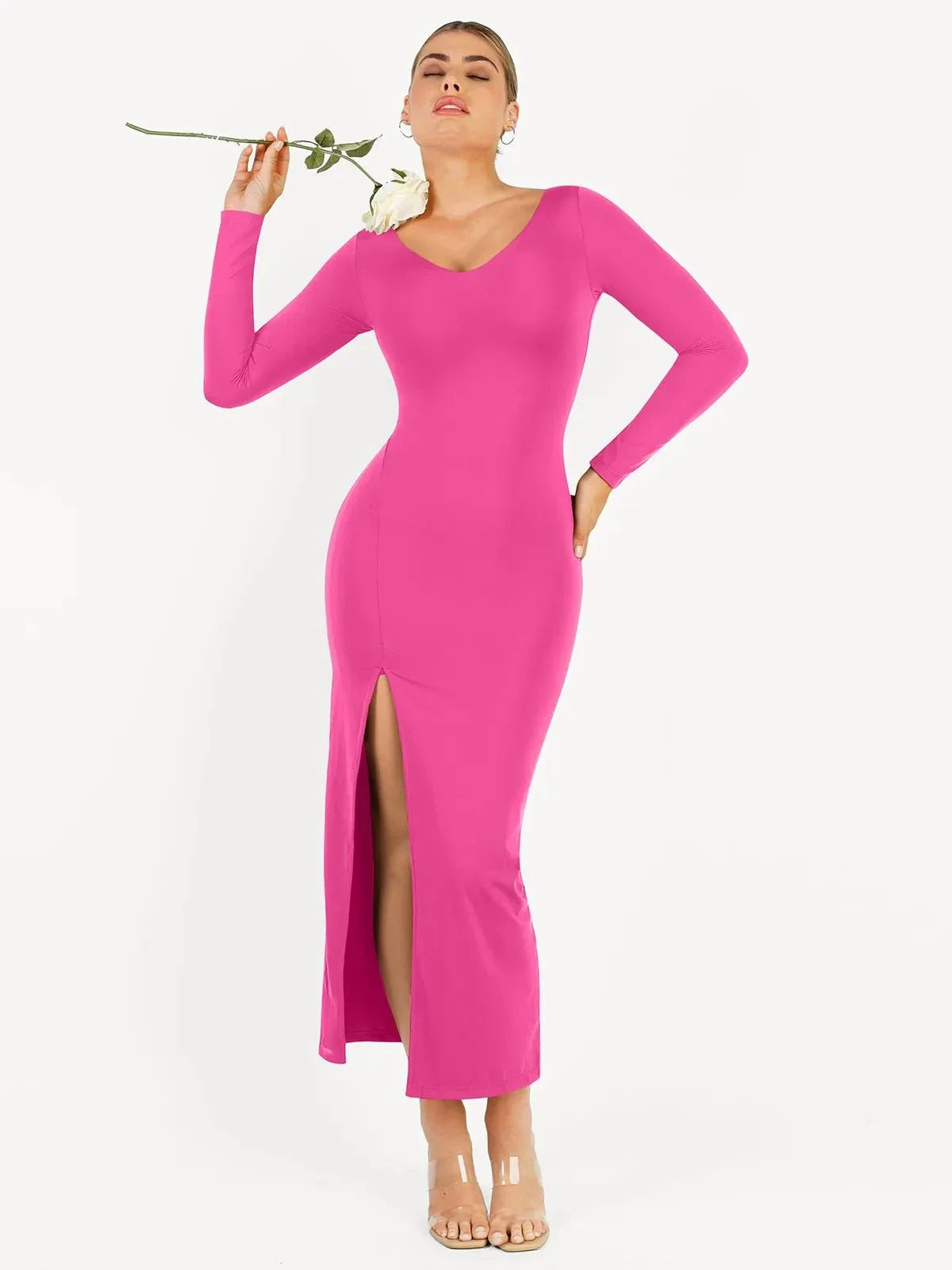 Shapewear V-Neck Long Sleeve Low Back Slimming Maxi Dress