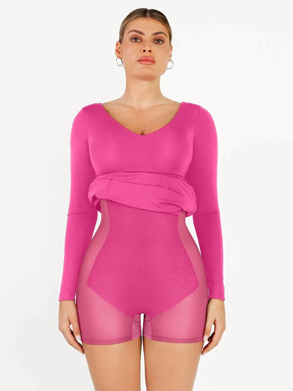 Shapewear V-Neck Long Sleeve Low Back Slimming Maxi Dress