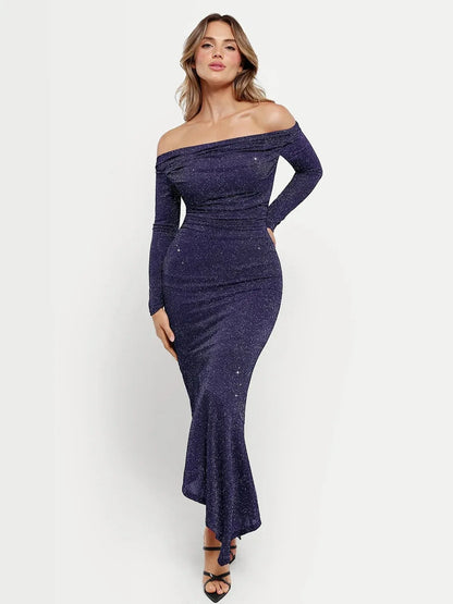 Shapewear Metallic Knit Long Sleeve Slim Mermaid Maxi Dress