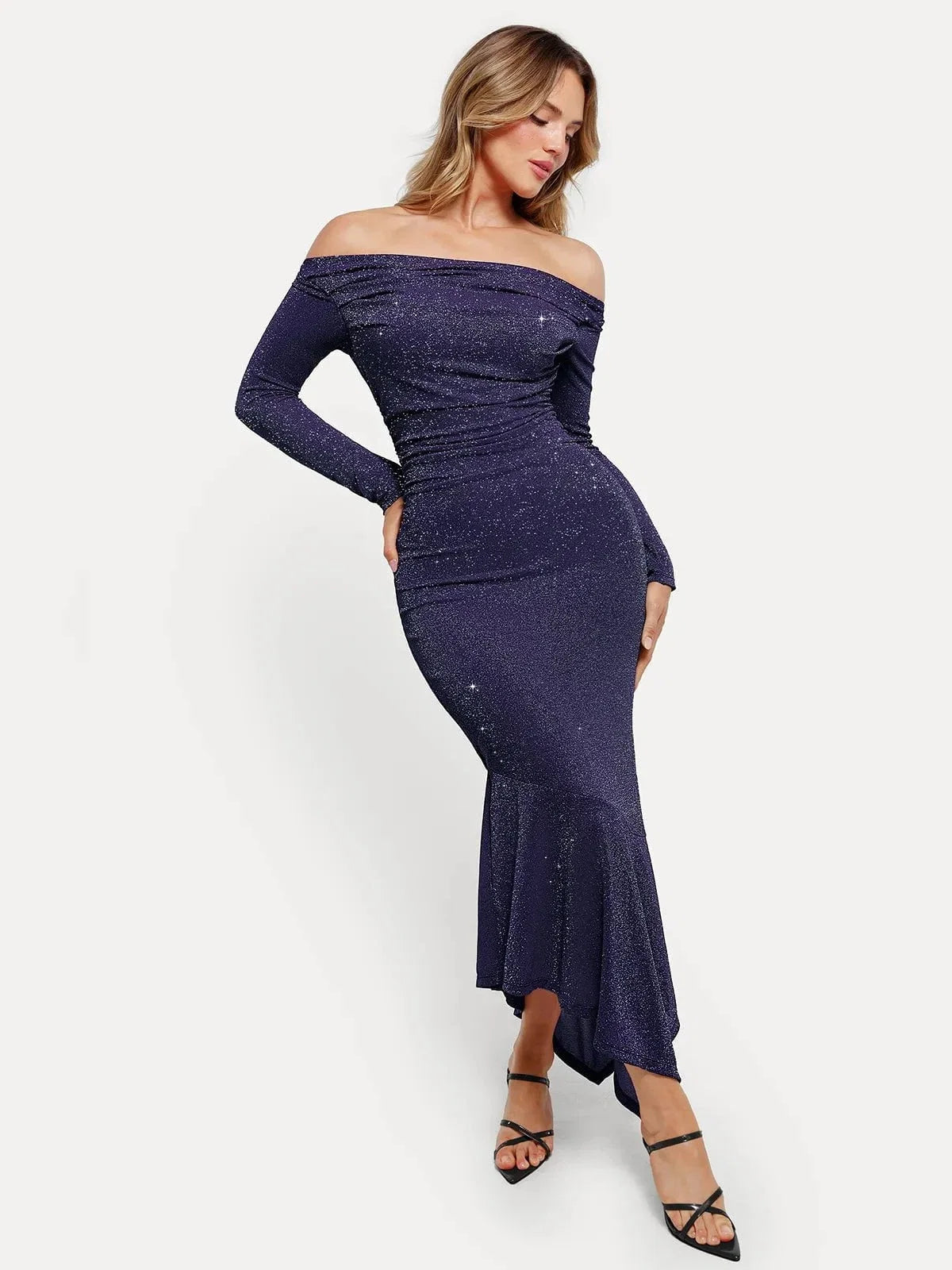 Shapewear Metallic Knit Long Sleeve Slim Mermaid Maxi Dress