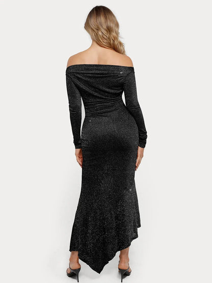 Shapewear Metallic Knit Long Sleeve Slim Mermaid Maxi Dress
