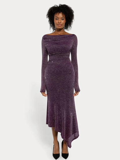 Shapewear Metallic Knit Long Sleeve Slim Mermaid Maxi Dress